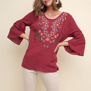 Floral Embroidered Tulip Bell Sleeve Top